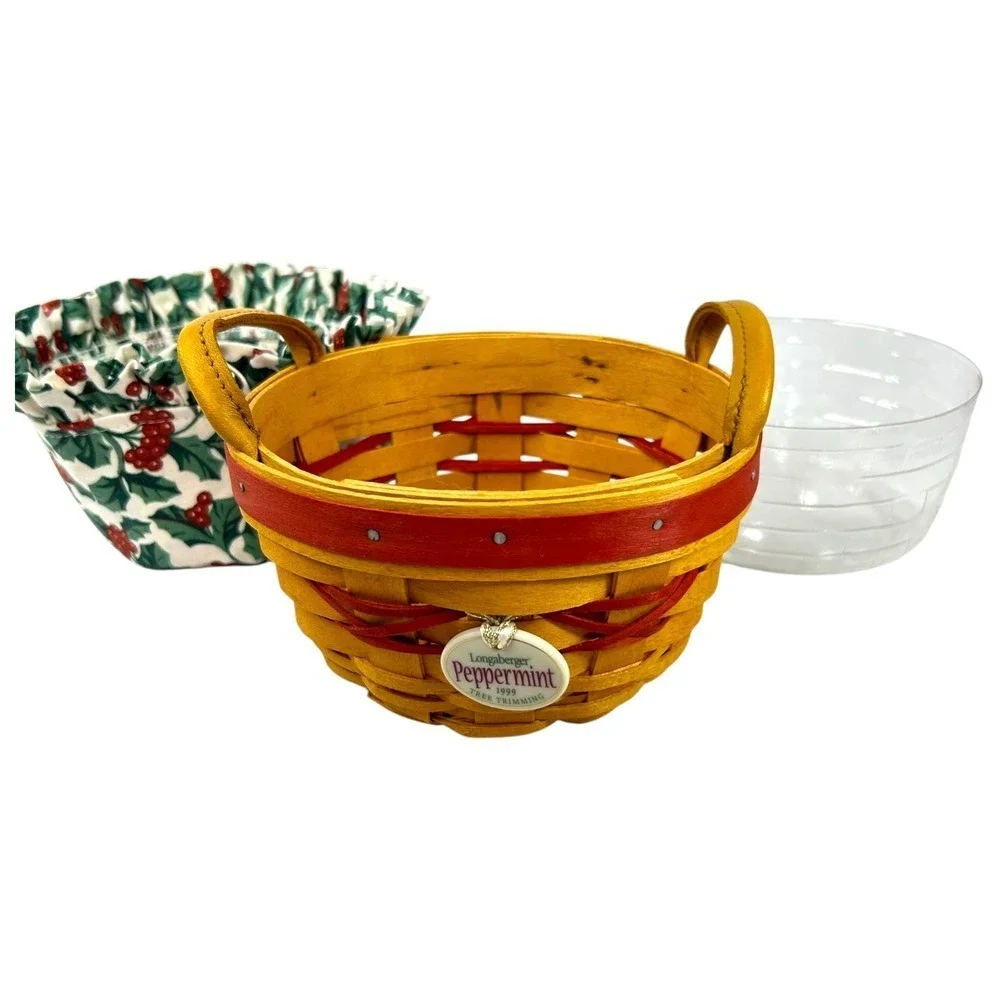 Longaberger PEPPERMINT Tree Trimming Basket Red 1999 w/ Protector Liner & Tie-on